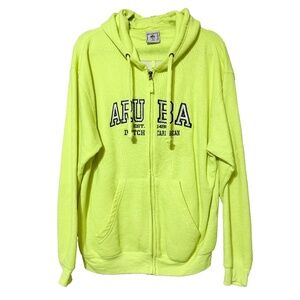 ARUBA Dutch Caribbean Exist Miami Neon Yellow Zip Up Hooded Sweatshirt Hoodie L